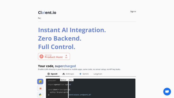 Instant AI Integration. Zero Backend. Full Control. - Claient.io